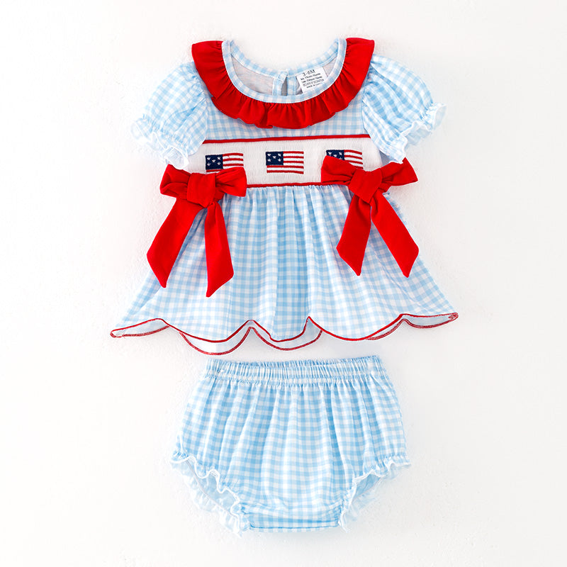 Baby Girls July 4th Flag Smocked Blue Plaid Romper Set