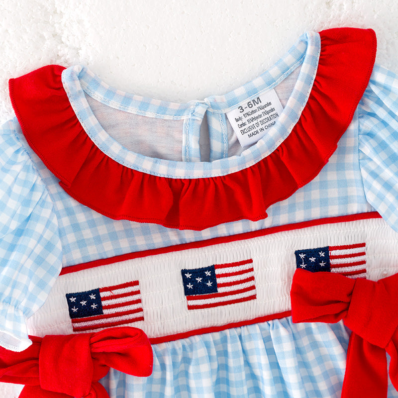 Baby Girls July 4th Flag Smocked Blue Plaid Romper Set
