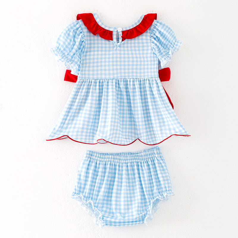 Baby Girls July 4th Flag Smocked Blue Plaid Romper Set