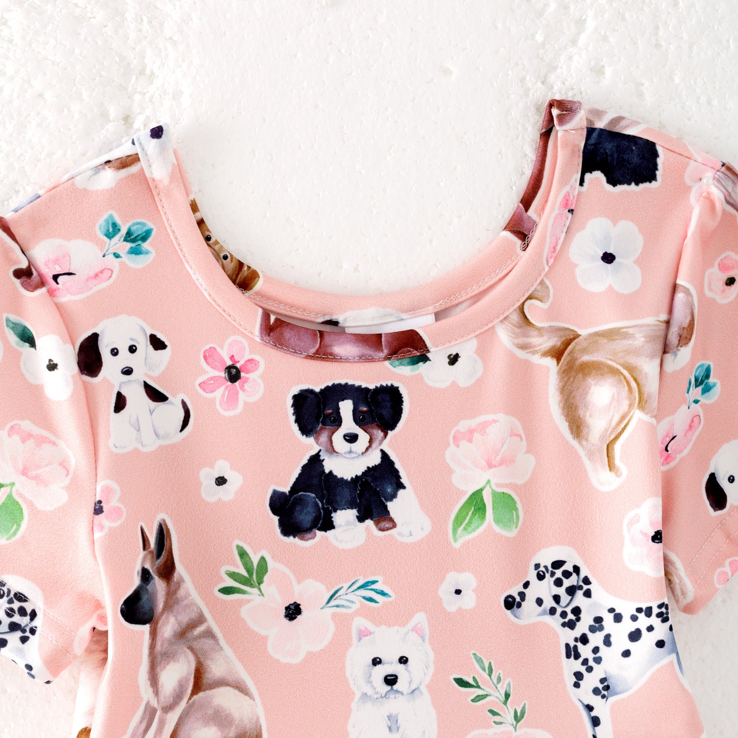 Girls Summer Pink Doggy Print Short Sleeves Twirl Dress