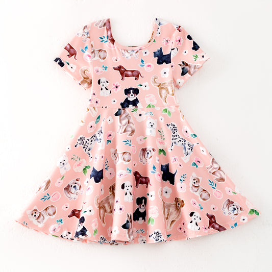 Girls Summer Pink Doggy Print Short Sleeves Twirl Dress