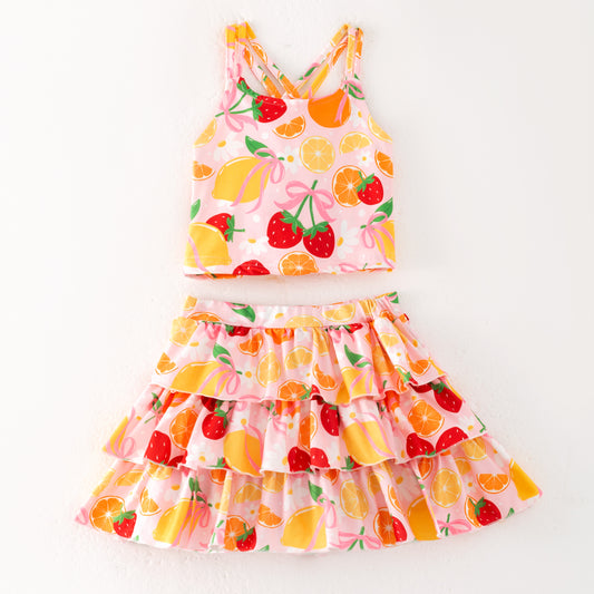 Girls Summer Lemon Strawberry Athletic Ruffled Skirt Set