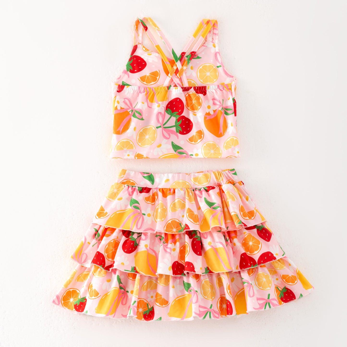 Girls Summer Lemon Strawberry Athletic Ruffled Skirt Set