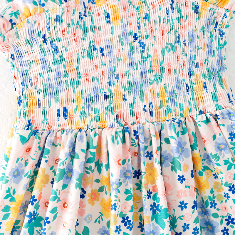 Girls Summer Floral Print Smocked Sleeveless Dress