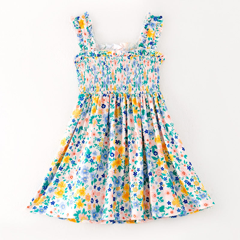 Girls Summer Floral Print Smocked Sleeveless Dress