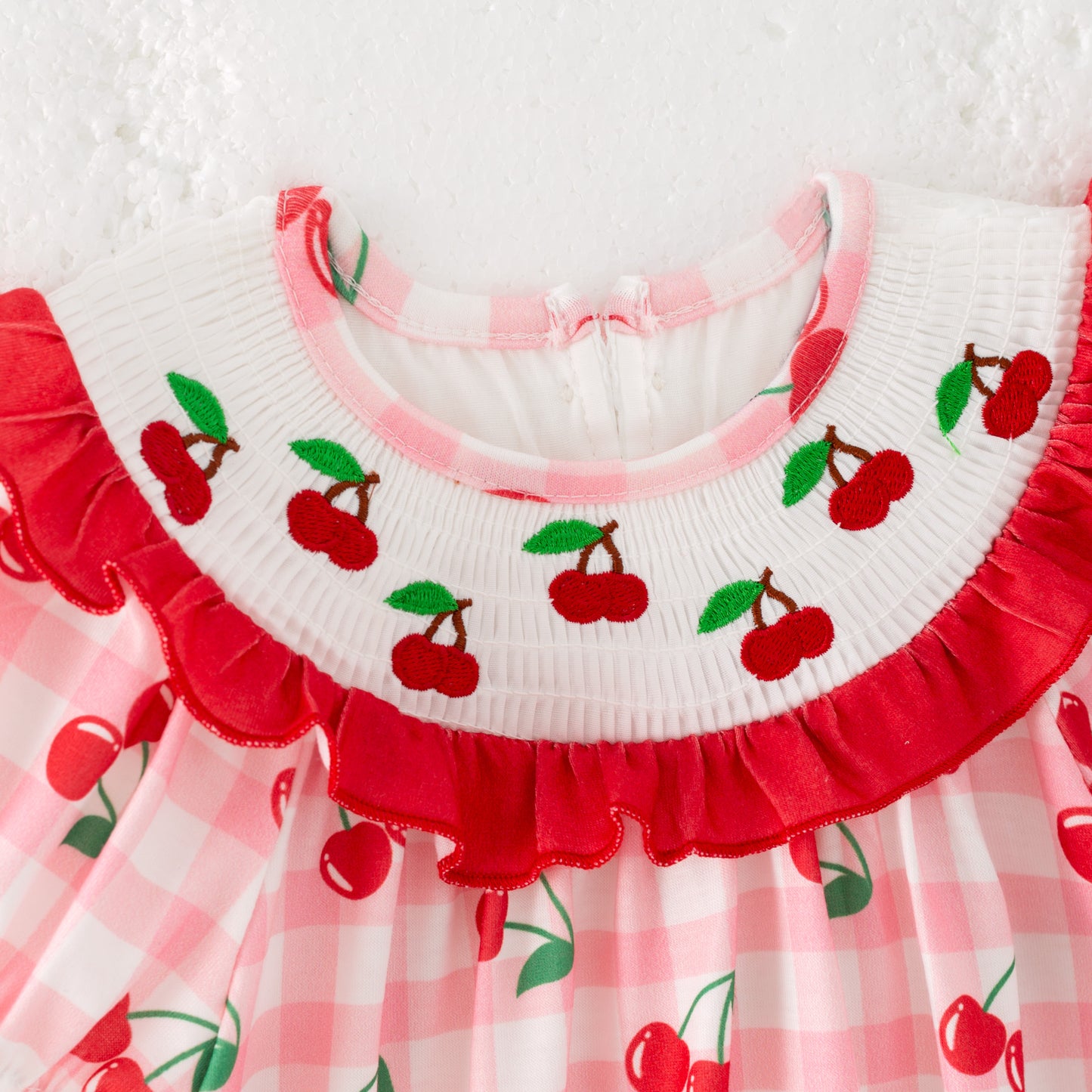 Baby Summer Cherry Embroidery Smocked Romper