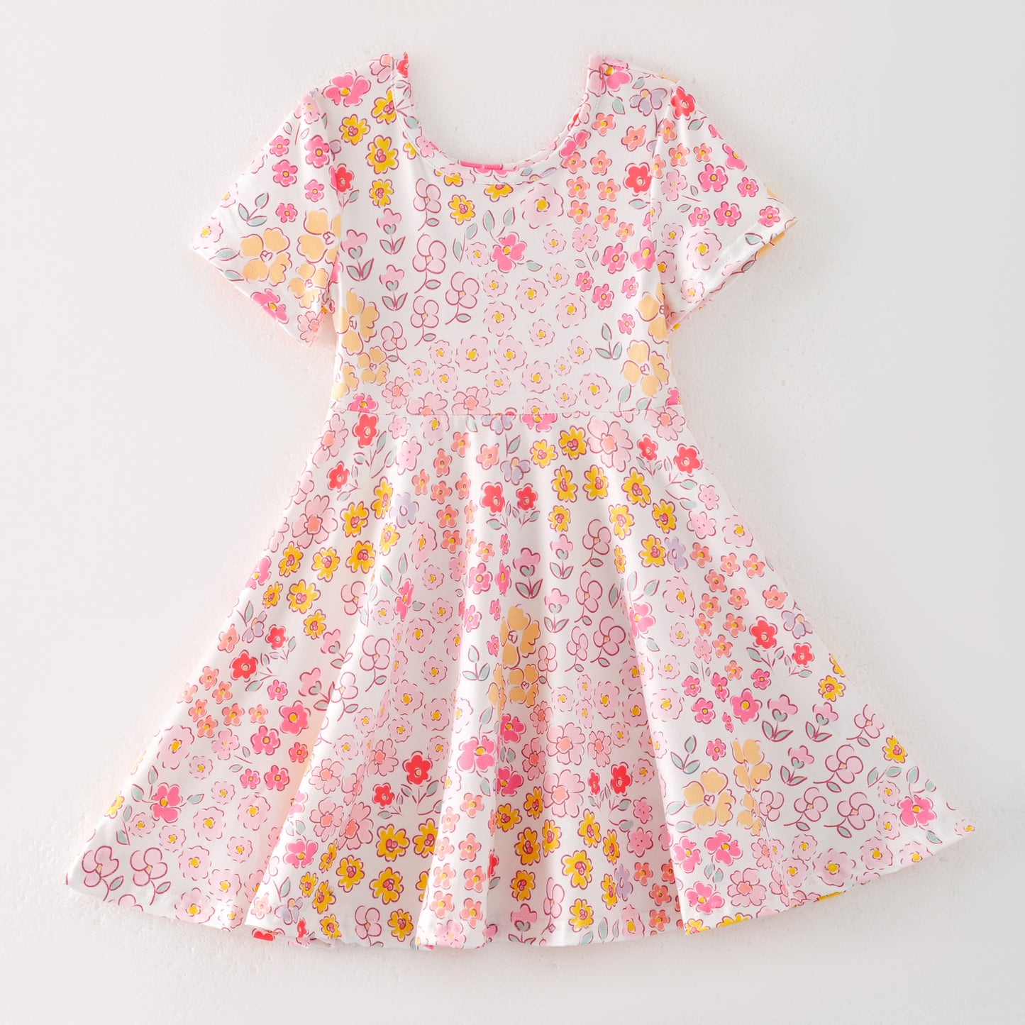 Girls Summer Pink Red Yellow Flower Print Twirl Dress