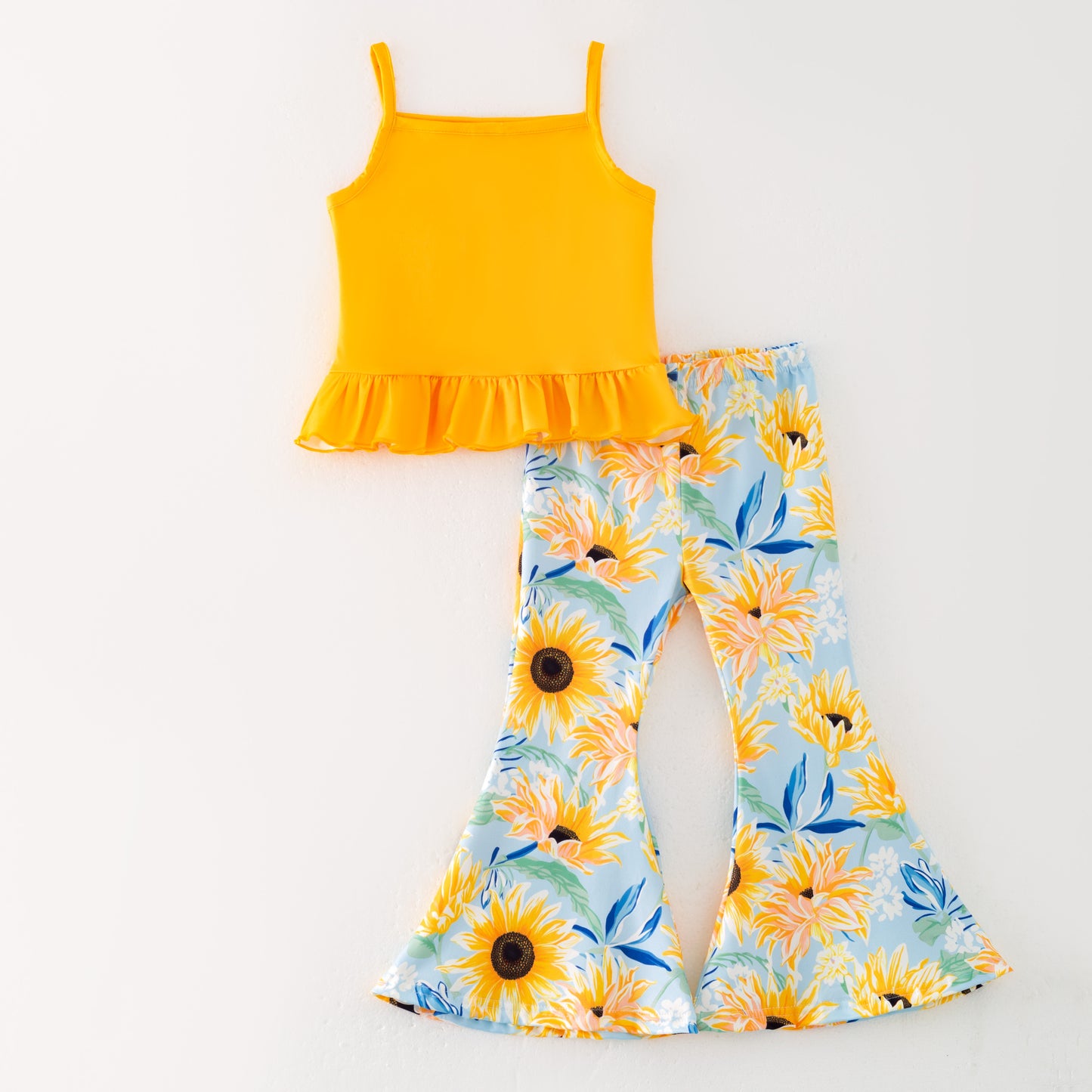 Girls Summer Yellow Sunflower Print Bell Pant Set