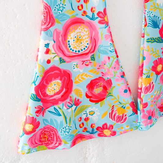 Girls Summer Hot Pink Flower Print Bell Pant Set