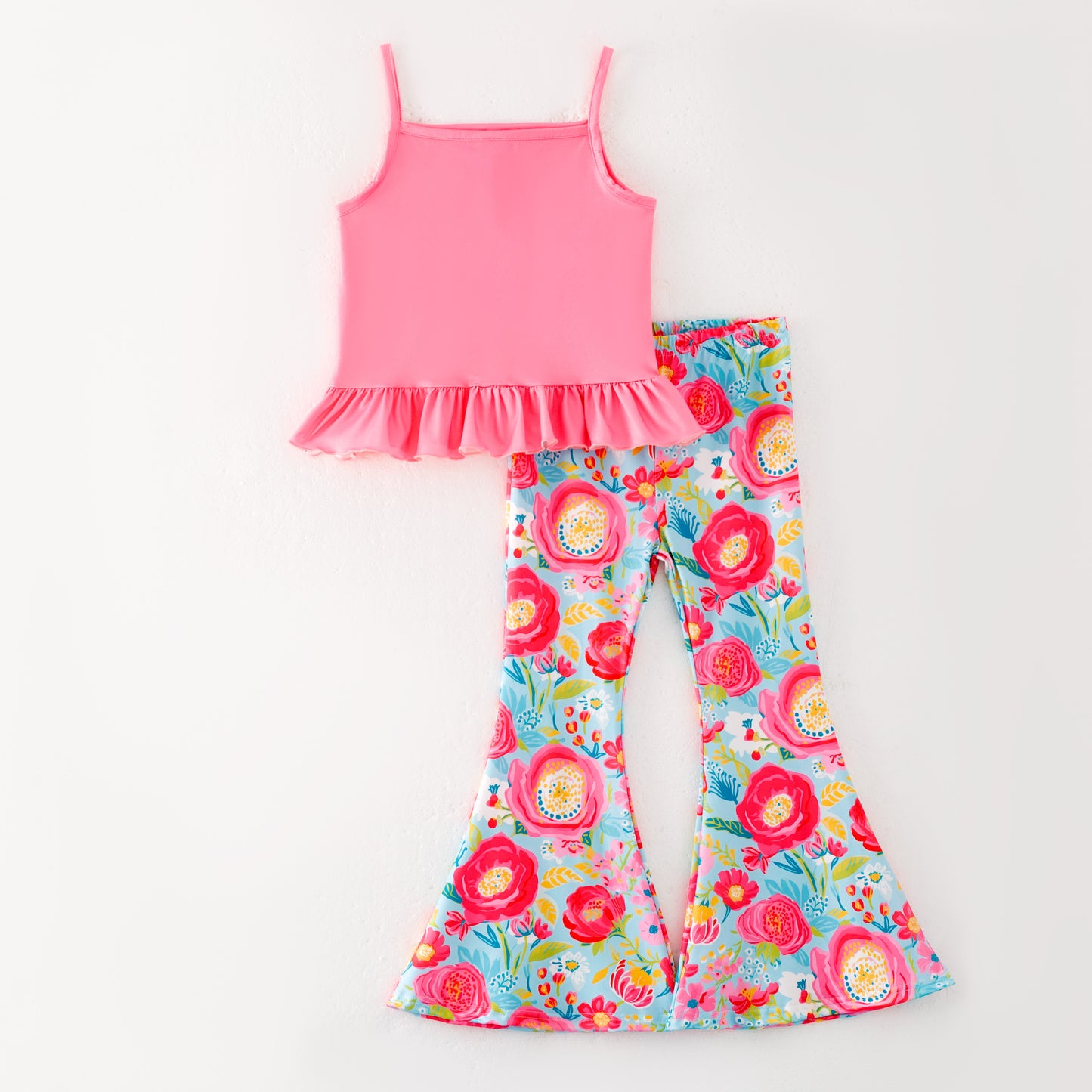 Girls Summer Hot Pink Flower Print Bell Pant Set