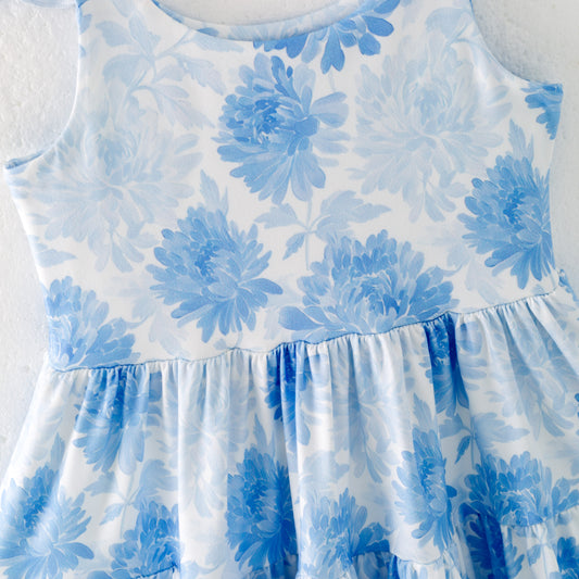 Girls Summer Blue Floral Print Patchwork Dress