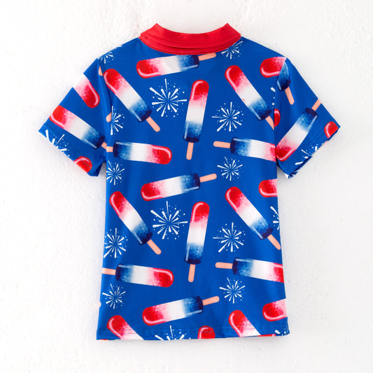Boys Summer July 4th Blue Red Popsicle Short Sleeves Polo Shirt