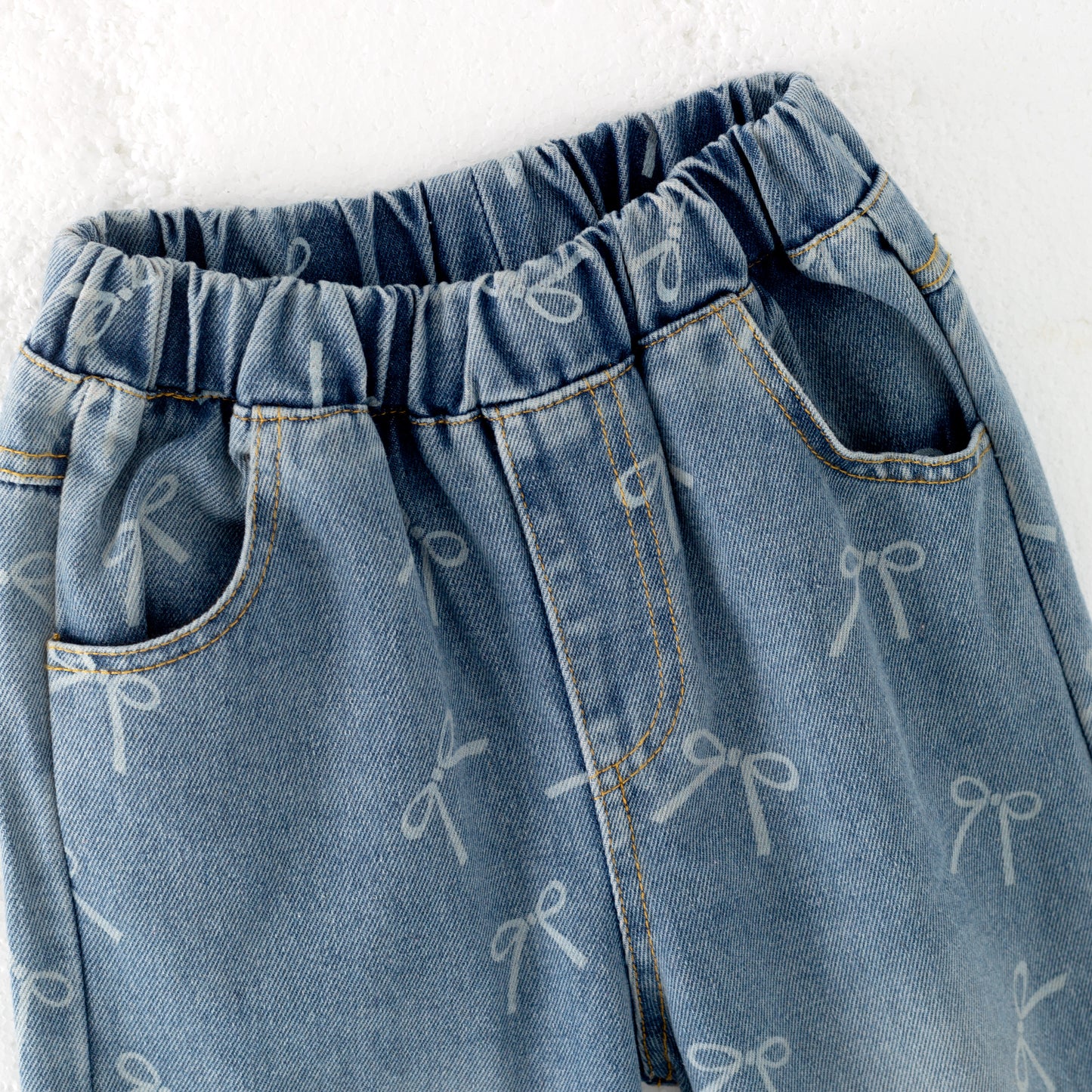 Girls Bow Print Lace Knot Slim-fit Kids' Jeans Elastic Pants