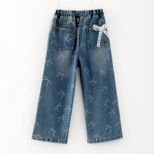 Girls Bow Print Lace Knot Slim-fit Kids' Jeans Elastic Pants