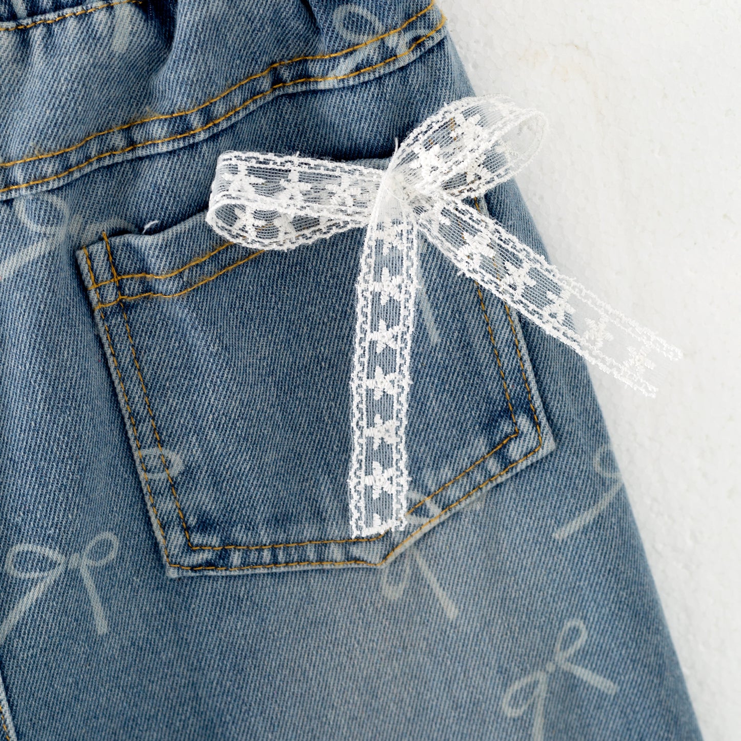 Girls Bow Print Lace Knot Slim-fit Kids' Jeans Elastic Pants
