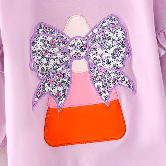 Girls Halloween Corn Bow Applique Floral Bell Pant Purple Set