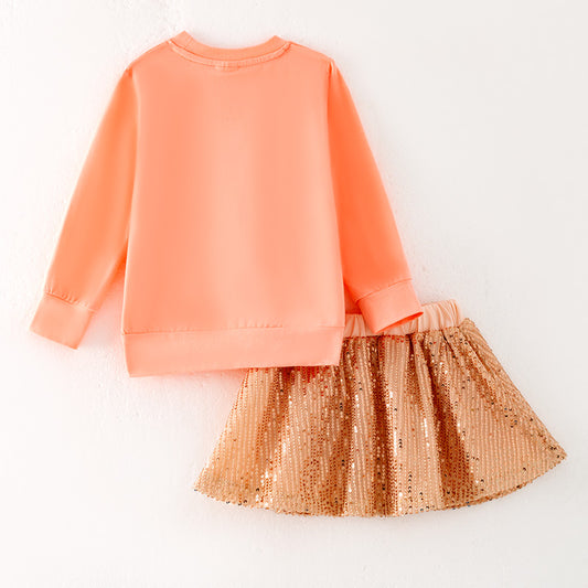 Girls Fal Autumn Coral Bow Long Sleeves Sequins Skirt Set