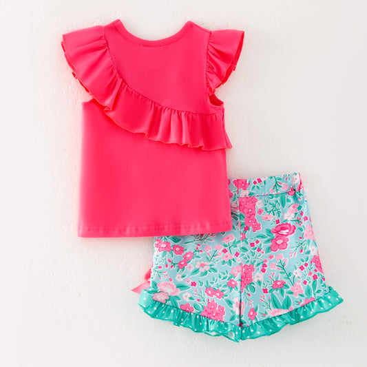 Girls Summer Hot Pink Floral Print Ruffled Short Set