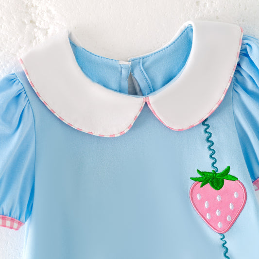 Girls Summer Strawberry Embroidery Blue Dress