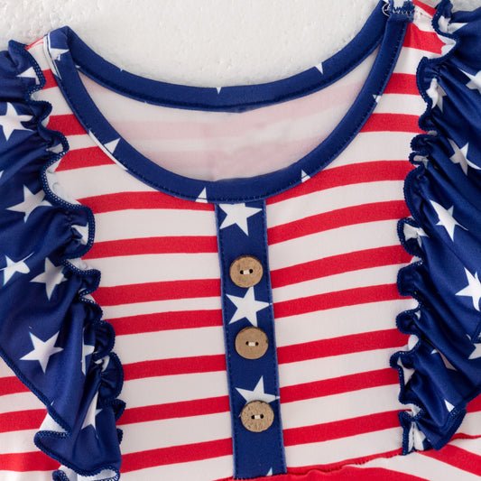 Girls July 4th Red Stripes Navy Star Ruffled Twirl Dress