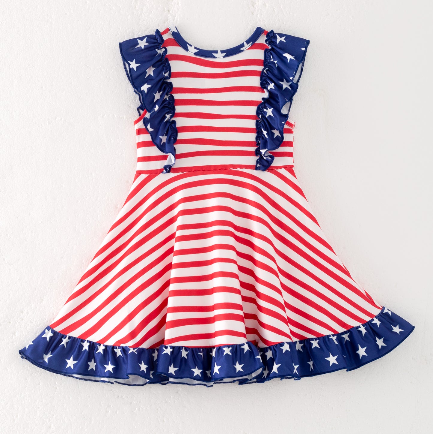 Girls July 4th Red Stripes Navy Star Ruffled Twirl Dress