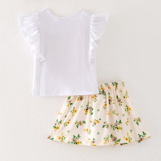 Girls Summer White Soft Top Yellow Floral Print Skrit Set