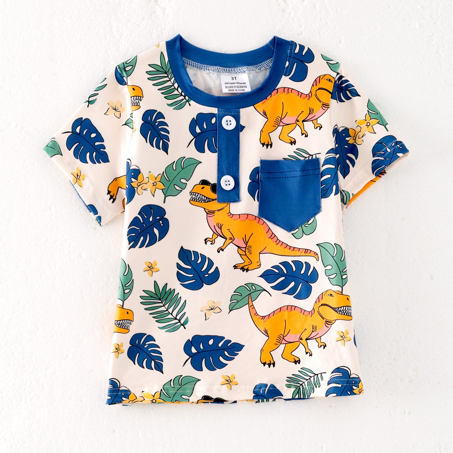 Boys Summer Fish Dinosour Goose Tree Print Pocket Shirt