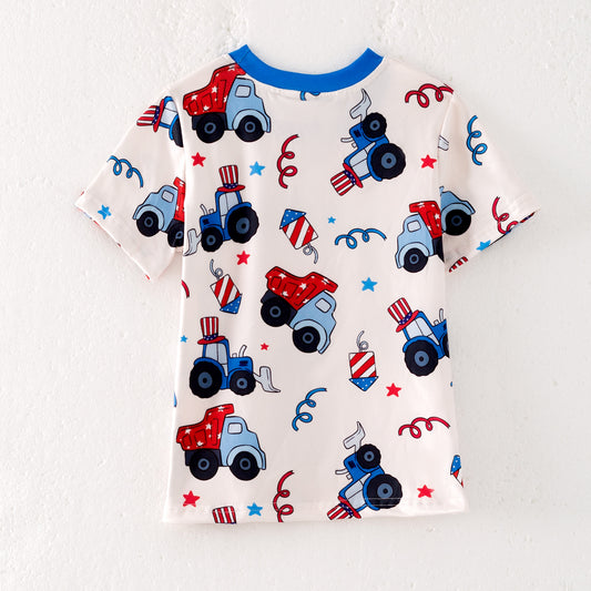 Boys 4th Of July Pocket Blue Red Truck T-Shirt