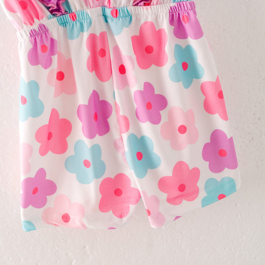 Girls Summer Fashion Pink Flower Print Ruffled Jumpsuit