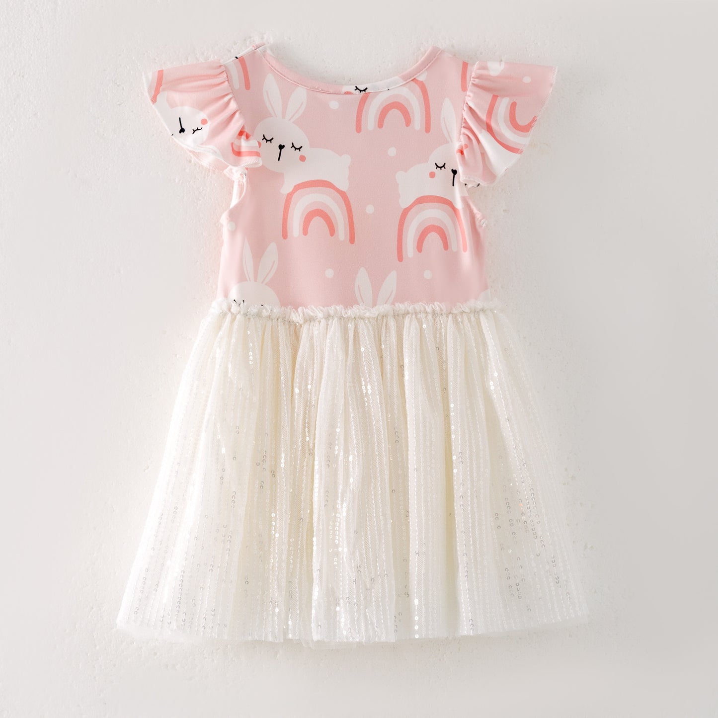 Girls Summer Bunny Rainbow White Sequins Dress