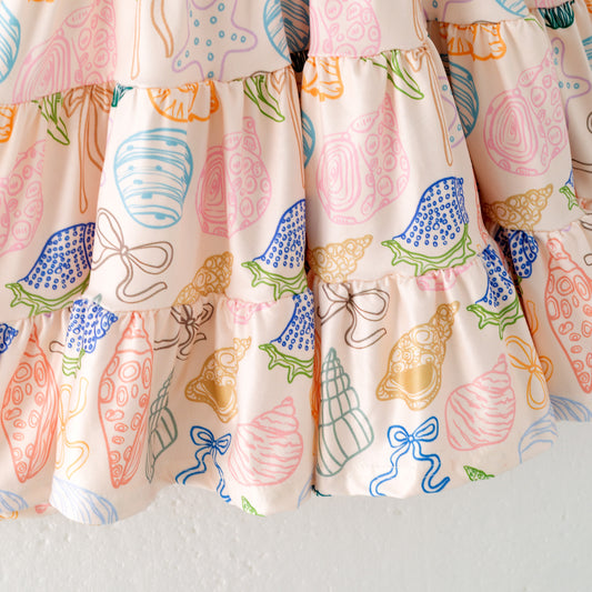 Girls Summer Pink Sea Themed Conch Print Patchwork Dress