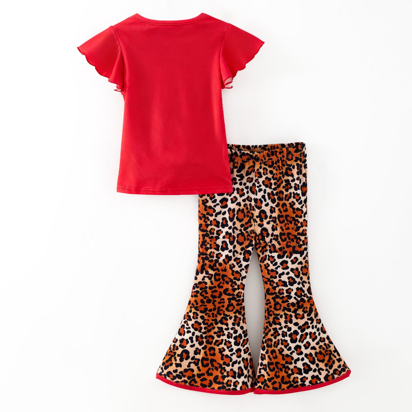 2025 Fall Girls Red Leopard Cherry Print Bell Pant Set