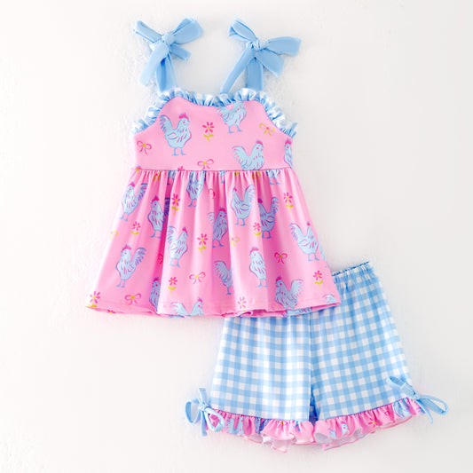 Girls Summer Farm Pink Blue Plaid Slip Short Set