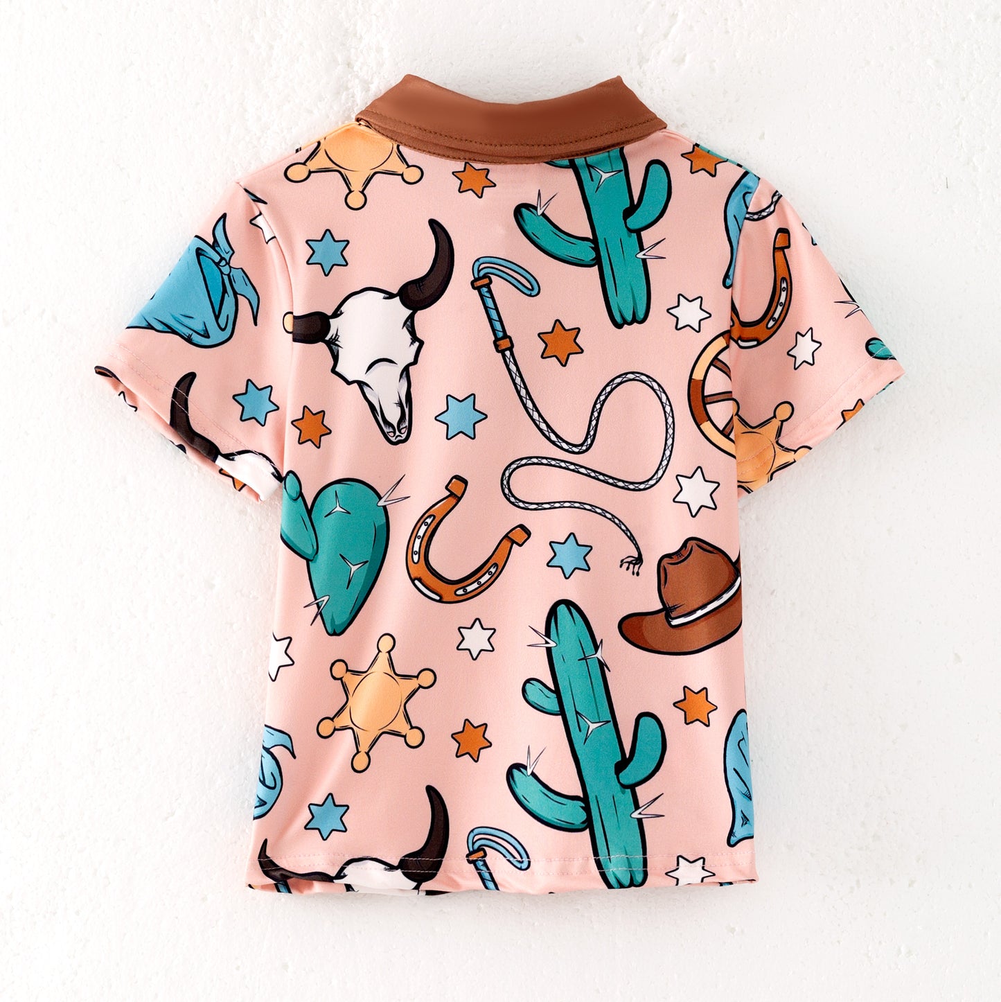 Boys Summer Brown Star Cactus Print Short Sleeves Polo Shirt