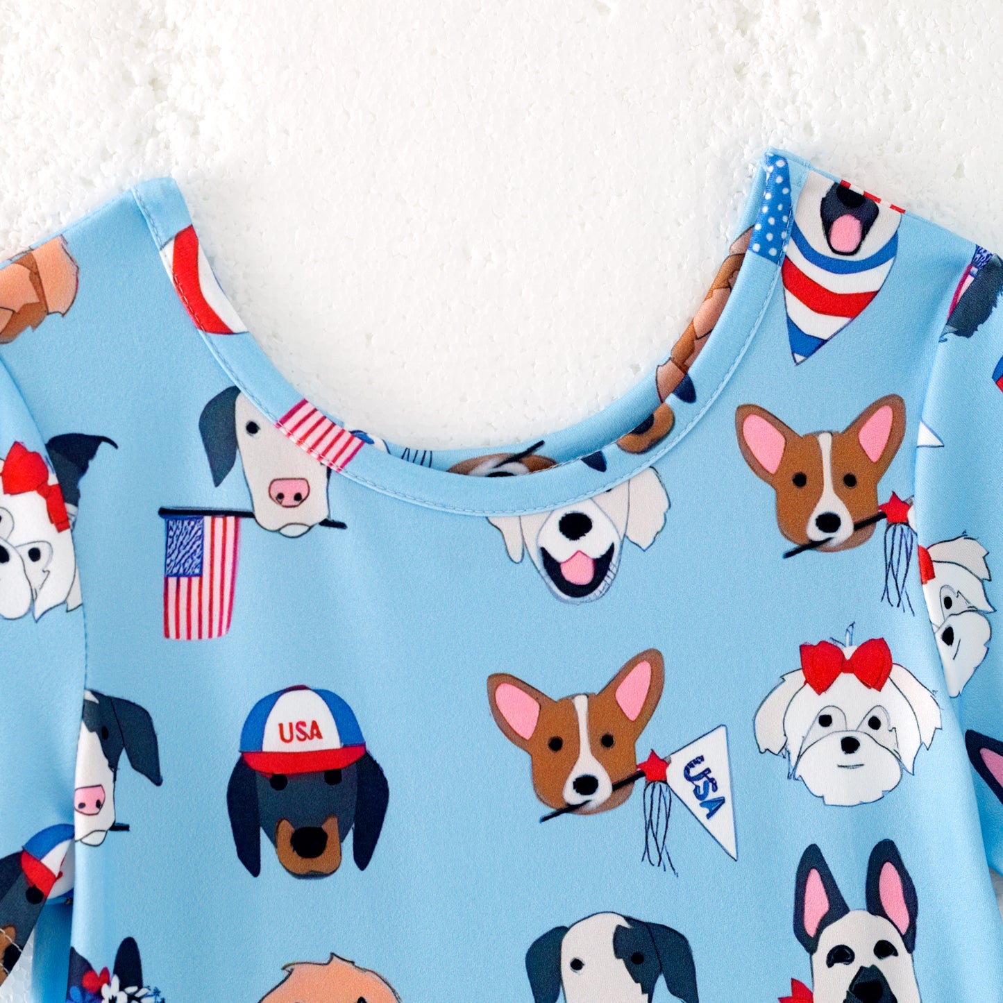 Girls Summer 4th Of July Dog Blue Red Twirl Dress