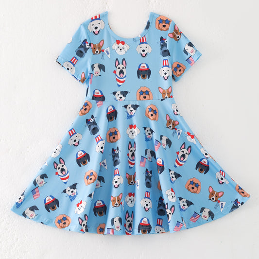 Girls Summer 4th Of July Dog Blue Red Twirl Dress