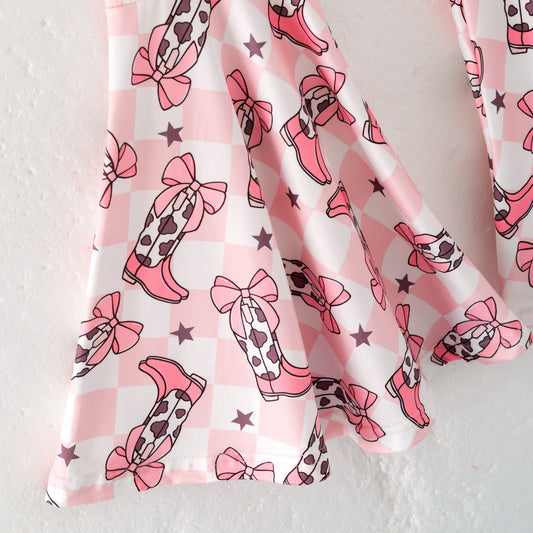 Girls Summer Pink Boots Bow Slip Top Bell Pant Set