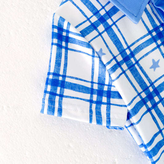 Boys Summer July 4th Patriotic Blue Plaid Polo Shirt