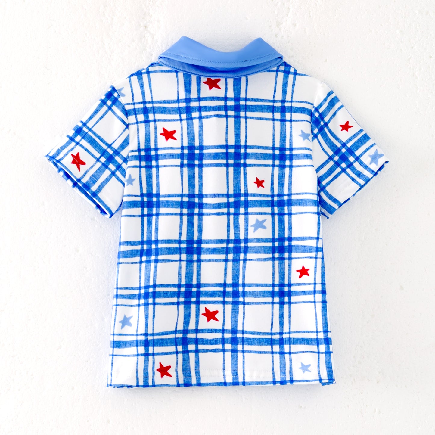 Boys Summer July 4th Patriotic Blue Plaid Polo Shirt