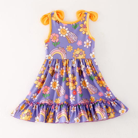 Girls' Summer Sunflower Purple Yellow Ruffled Dress