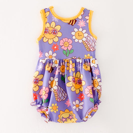 Baby Girls Summer Sunflower Purple Yellow Bubble Romper