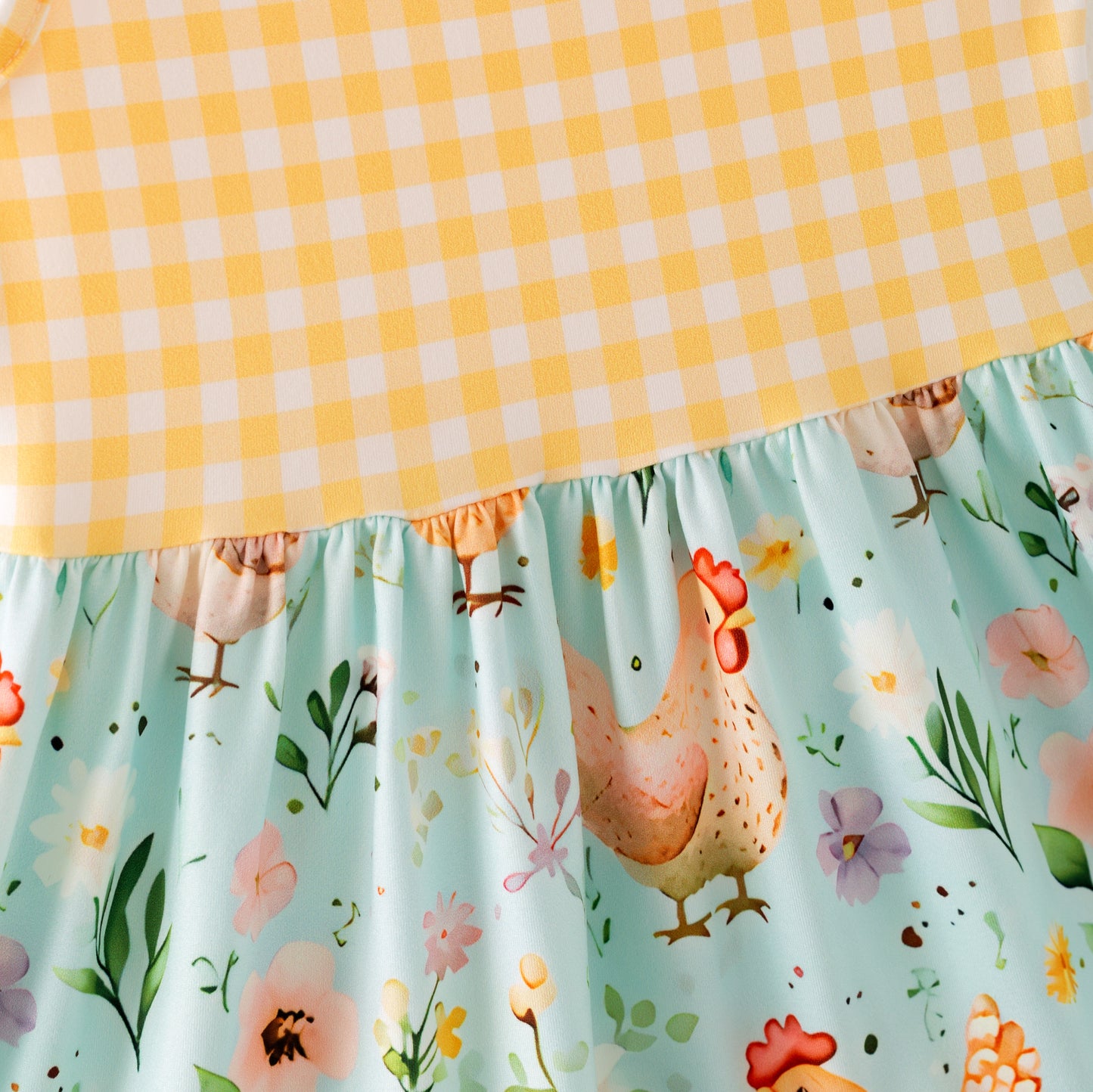 Girls' Summer Farm Yellow Plaid Chick Floral Print Dress