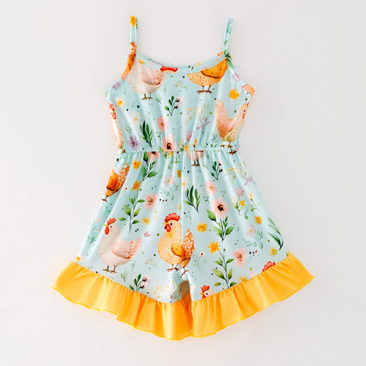 Girls Summer Farm Chick Print Ruffled Jumpsuit