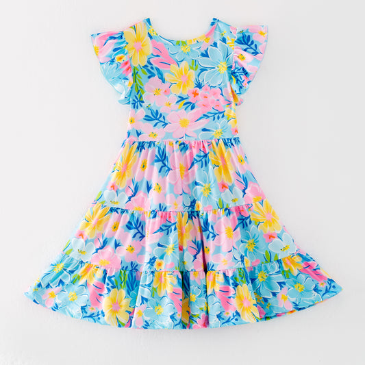 Girls Summer Blue Pink Flower Patchwork Ruffled Dress