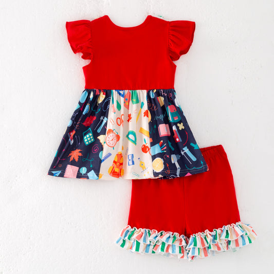 Girls' Summer Back To School Print Patchwork Short Set