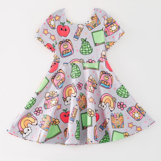 Girls Back To School Purple Rainbow Crayon Twirl Dress