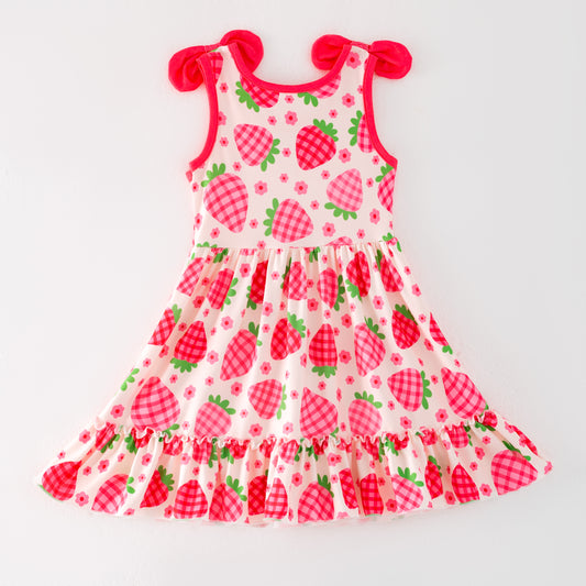 Girls Summer Strawberry Bow Ruffled Twirl Dress