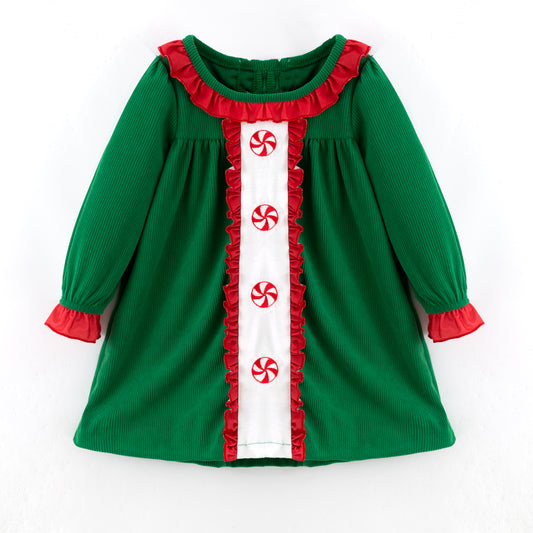 Kids Christmas Green Corduroy Sibling Set with Peppermint Embroidery