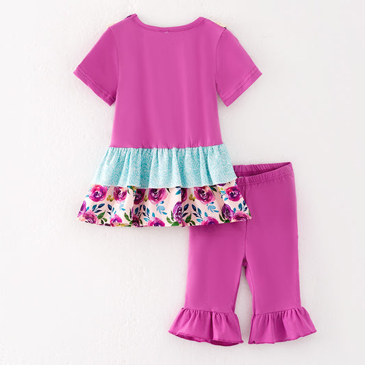 Girls Summer Floral Lace Ruffled Short Set