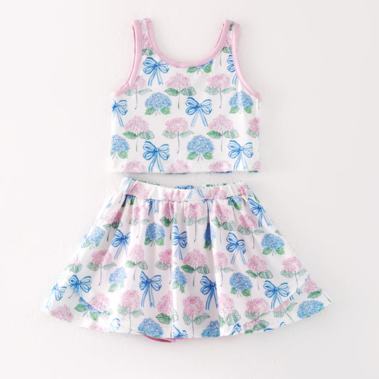 Girls Summer Pink Blue Flower Print Athletic Skirt Set